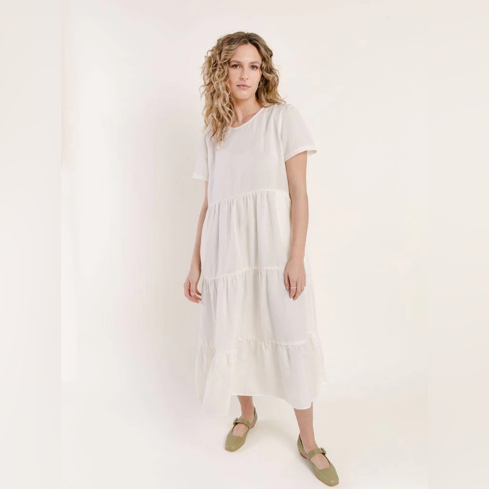 Tradlands Chalet Tiered Dress Birch Cream Tencel Linen Blend Women's L Large